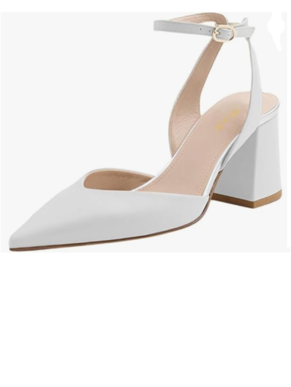 FOWT White V Cut Pointed Toe Pumps Ankle Strap Chunky Heels Backless Shoes